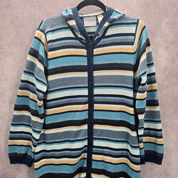 Liz Claiborne Blue Stripe Button Hoodie Knit Long Sweater Cardigan Small - Picture 3 of 7